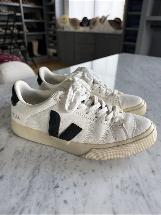 Veja Shoes - Veja Campos White Leather Sneakers with Black V Accent